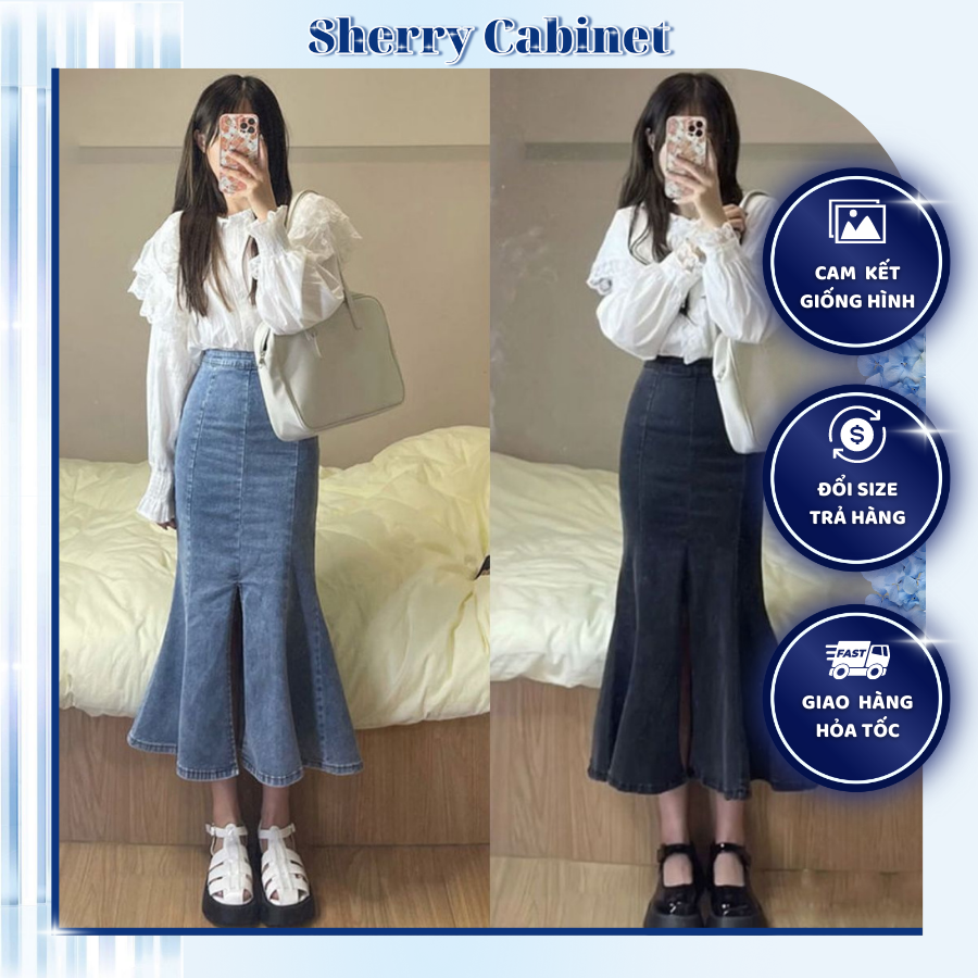 Chân váy bò jean dài đuôi cá ôm sát cách điệu ulzzang
