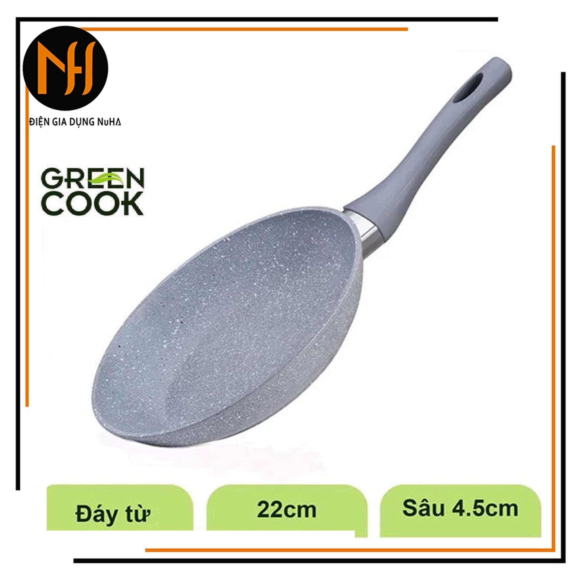 Chảo chống dính vân đá đáy từ Green Cook size 22cm/24cm/26cm/28cm dùng được bếp từ bếp ga bếp than bếp cồn...