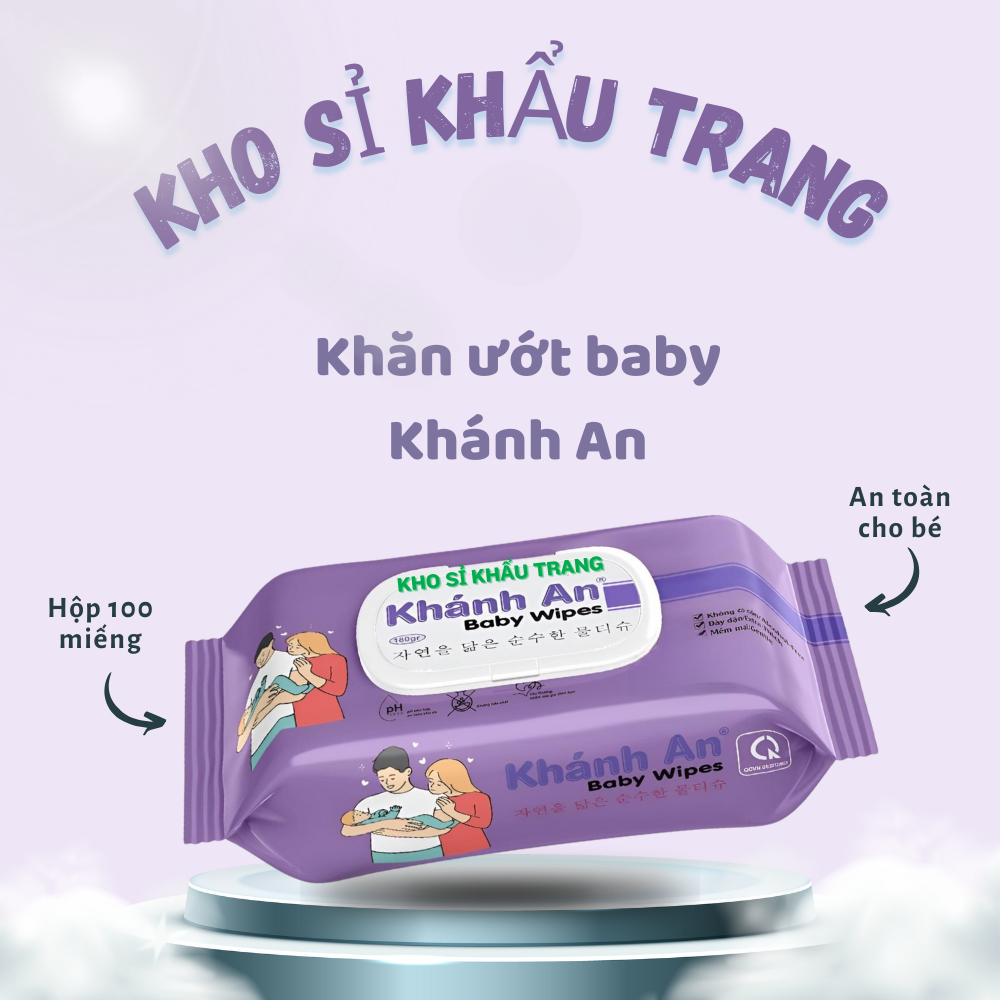 Hộp 100 miếng khăn ướt baby Khánh An không mùi, không cồn an toàn cho mọi loại da