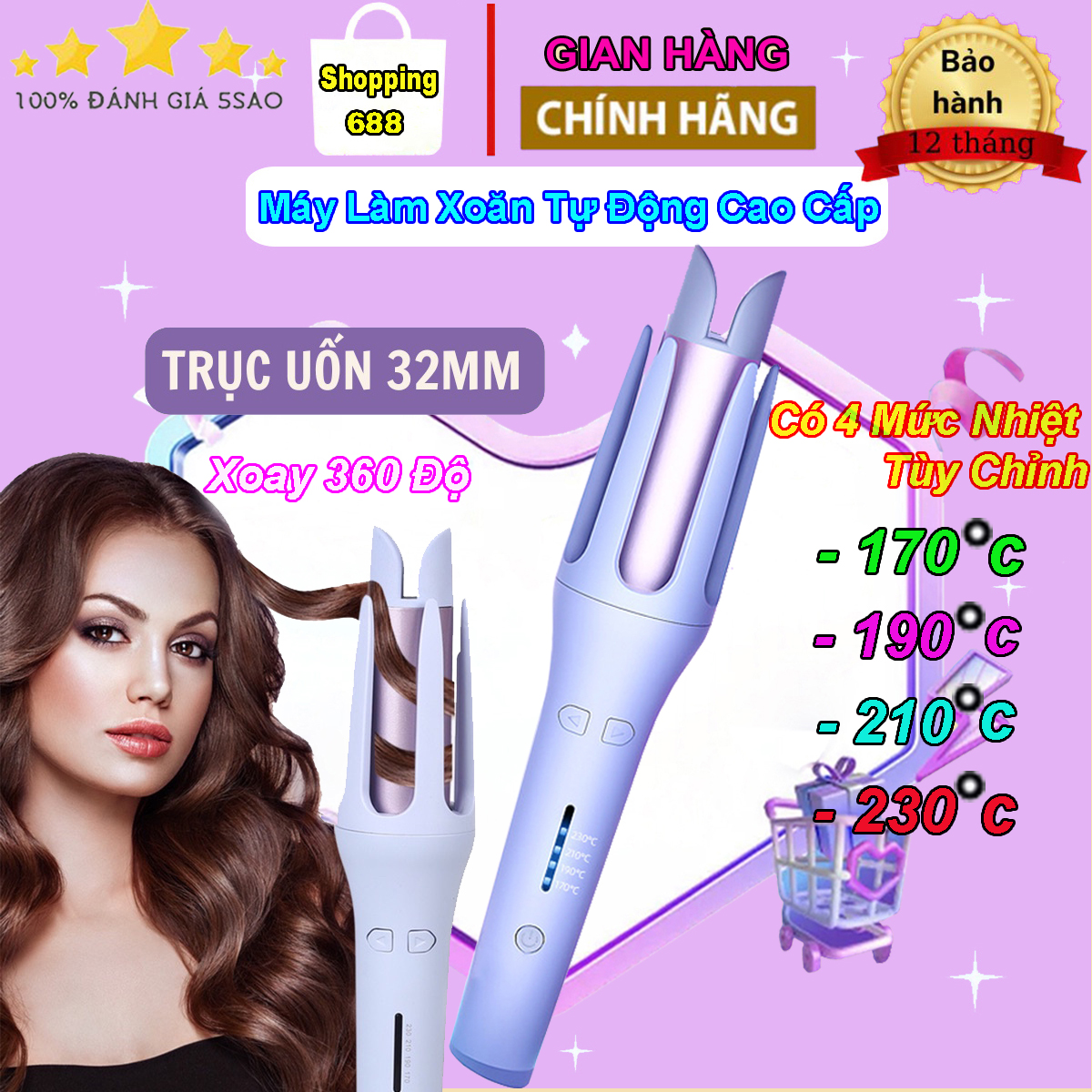 Máy uốn tóc tự động xoay 360 độ, máy uốn tóc làm xoăn tự động cao cấp, với 4 mức nhiệt tùy chỉnh phù hợp cho bạn làm tóc, không lo làm hư hại cho tóc, máy tạo kiểu tóc tự động xoay, máy làm xoăn tóc