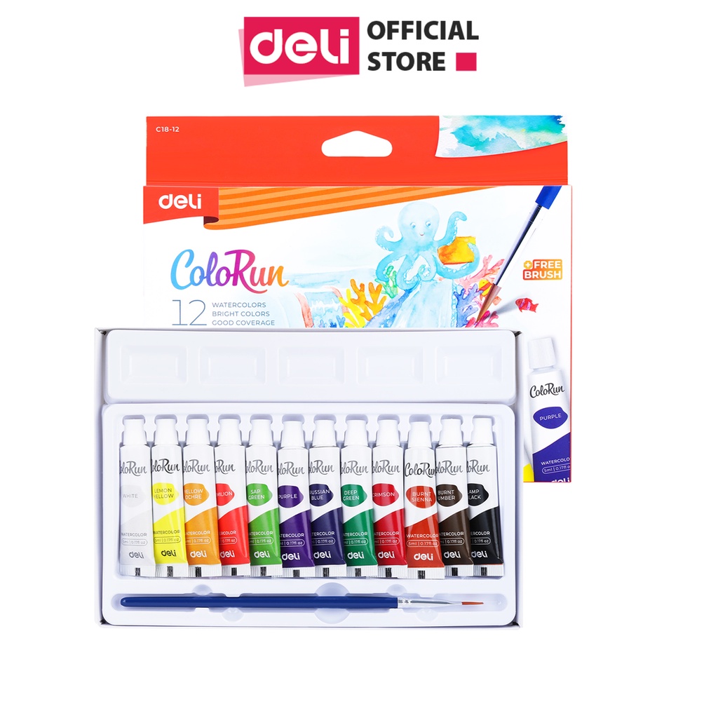 Màu nước dạng tuýp 5ml kèm cọ Deli - 12 màu 18 màu 24 màu - EC18