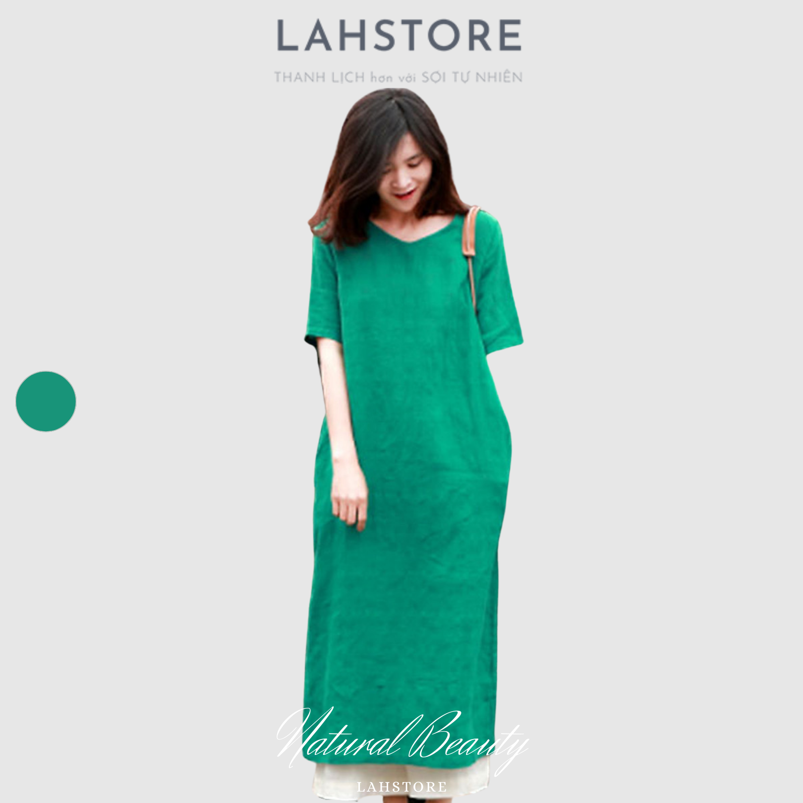 Đầm suông linen LAHSTORE vải linen mềm mát, tay lỡ cổ tim