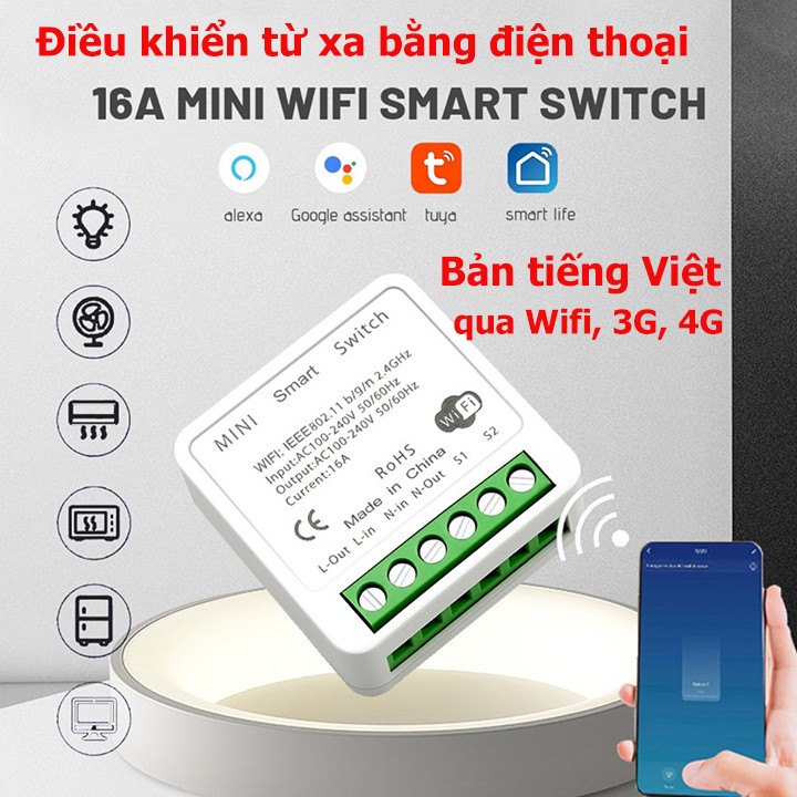 bộ Công Tắc Thông Minh 16A Điều Khiển Từ Xa Qua điện thoại bằng sóng WIFI, 3G, 4G (phần mềm BẢN TIẾNG VIỆT-Smart life) cong tac dieu khien tu xa