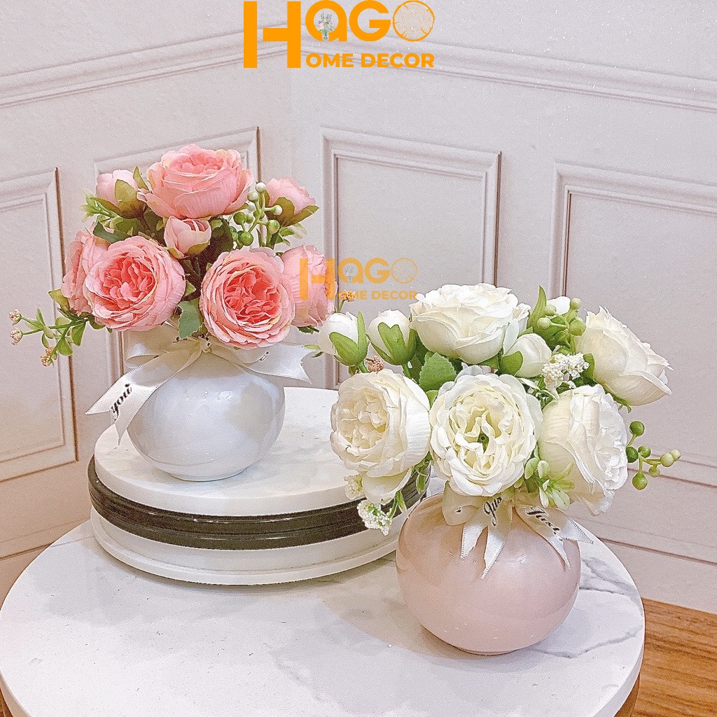Bình hoa, lọ hoa mẫu đơn lụa mini cao cấp trang trí, decor bàn học, bàn trà, bàn làm việc, bàn trang điểm, kệ tủ đẹp