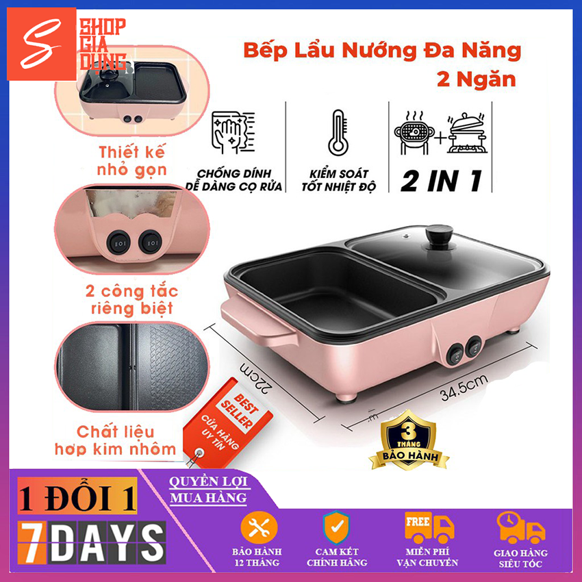 Nồi lẩu điện mini đa năng 2 ngăn, Nồi nướng điện siêu tốc chống dính thế hệ mới, tiện dụng cho mọi gia đình, bảo hành 12 tháng