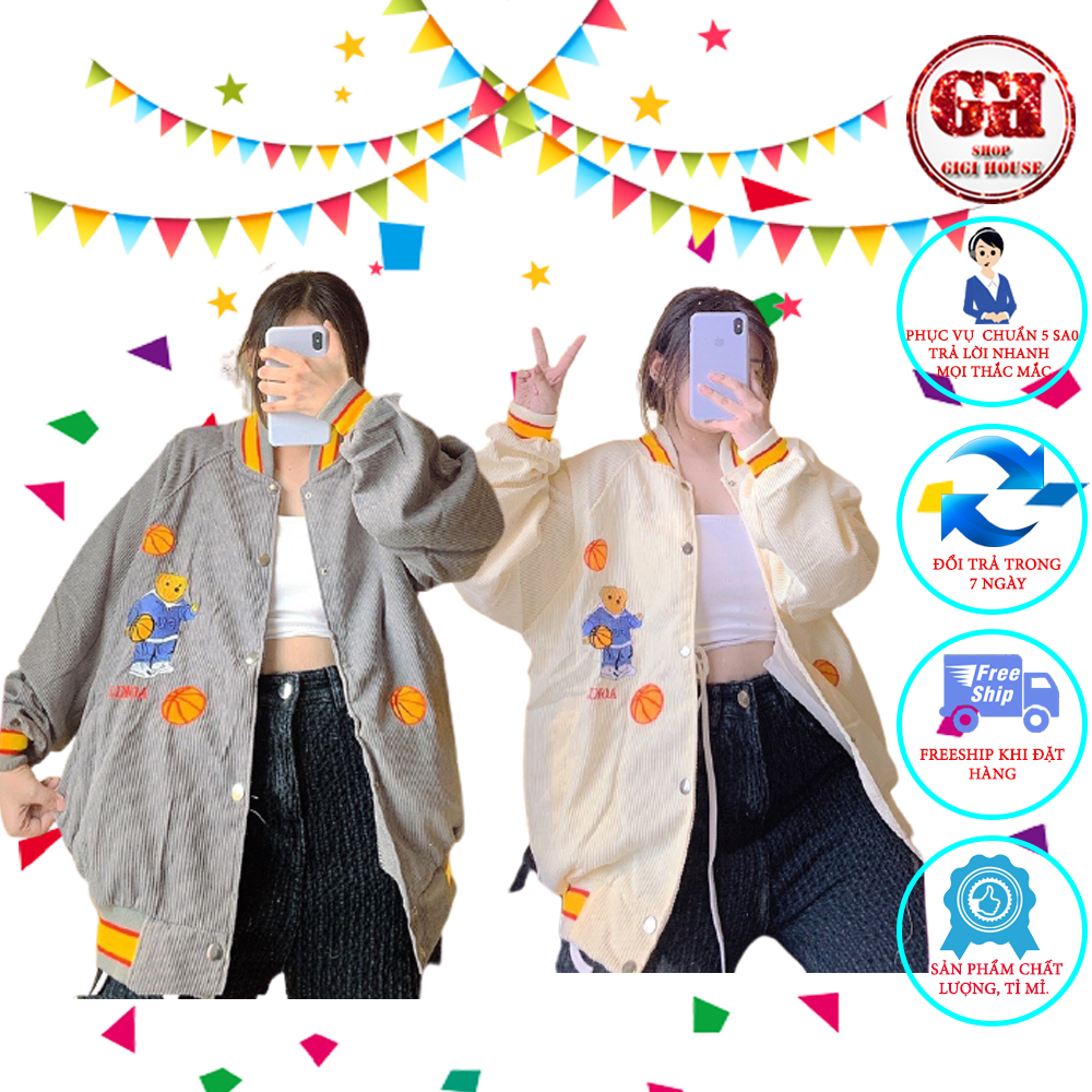 Áo khoác bóng chày bomber jacket thuê hình gấu form rộng gigihouse unisex nam, nữ -aknthuegau