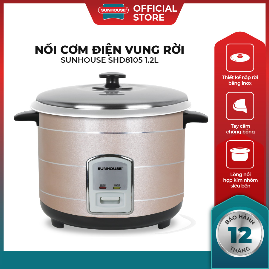  Nồi cơm điện nắp rời SUNHOUSE SHD8105 - Dung tích 1.2L - Công suất 500W - Thích hợp 2 - 4 người sử dụng - Bảo hành 12 tháng 