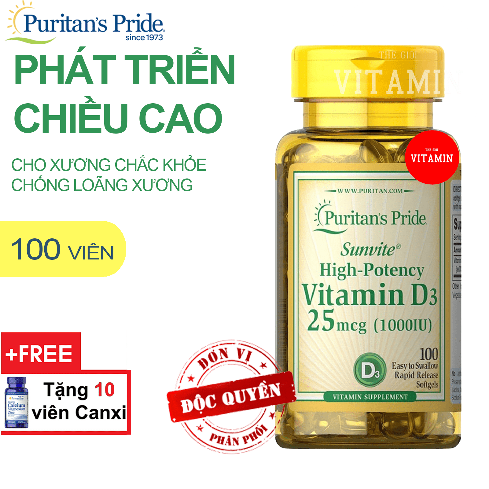 Vitamin D tăng hệ miễn dịch,chống còi xương, giúp hấp thu Canxi dùng được cho phụ nữ có thai Vitamin Mỹ Puritan's Pride Sunvite High-Potency Vitamin D3 1000IU 100 viên