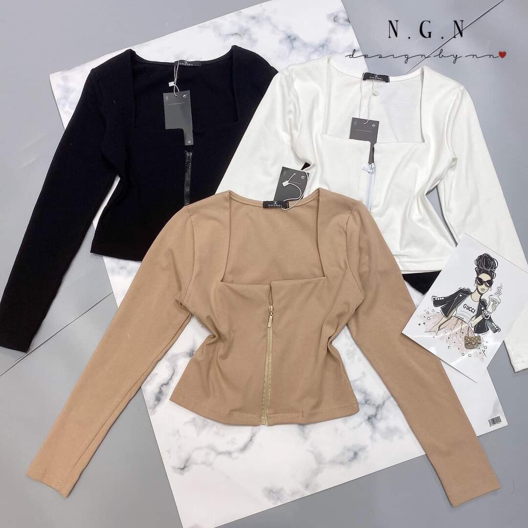 Áo Kiểu Borip Tay Dài Cổ Vuông Dây Kéo Trước Ngực Fashion Mùa Thu TTKXA0016