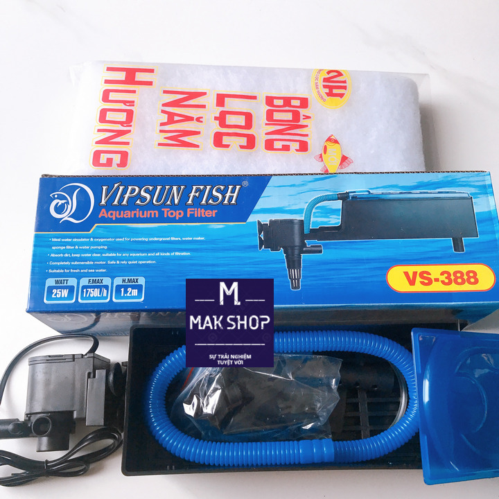 Trọn Bộ Máy Bơm Lọc Nước Hồ Cá Cảnh 25W vs-388, AA-388 Cho Hồ 80-90cm, Gồm Máng Lọc, Bông Lọc, Dây Ống Đầy Đủ, Về Xài Ngay