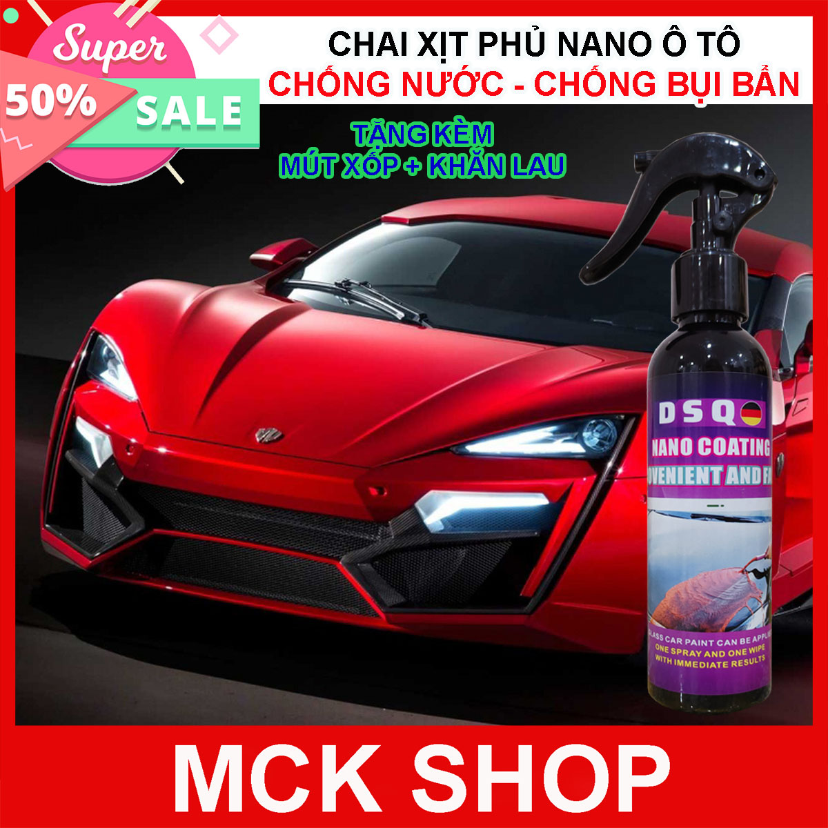 Chai xịt phủ nano ô tô - Bình xịt phủ nano DSQ , dung dịch phủ nano kính xe ô tô, xe máy, chống bám nước kính xe, kính cận - MCK Shop