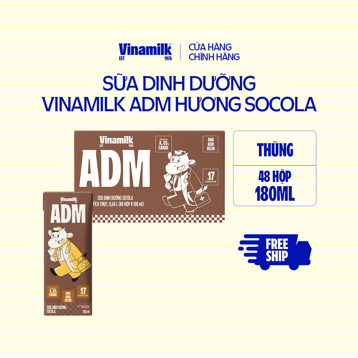 Thùng 48 Hộp sữa tiệt trùng Vinamilk ADM Socola 180ml