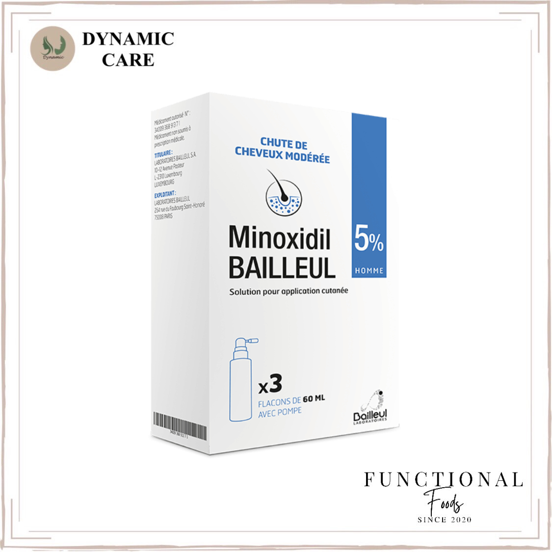Xịt mọc tóc minoxidil Bailleul 5% ngăn rụng tóc và kích thích mọc tóc hộp 3 lọ x 60ml của Pháp