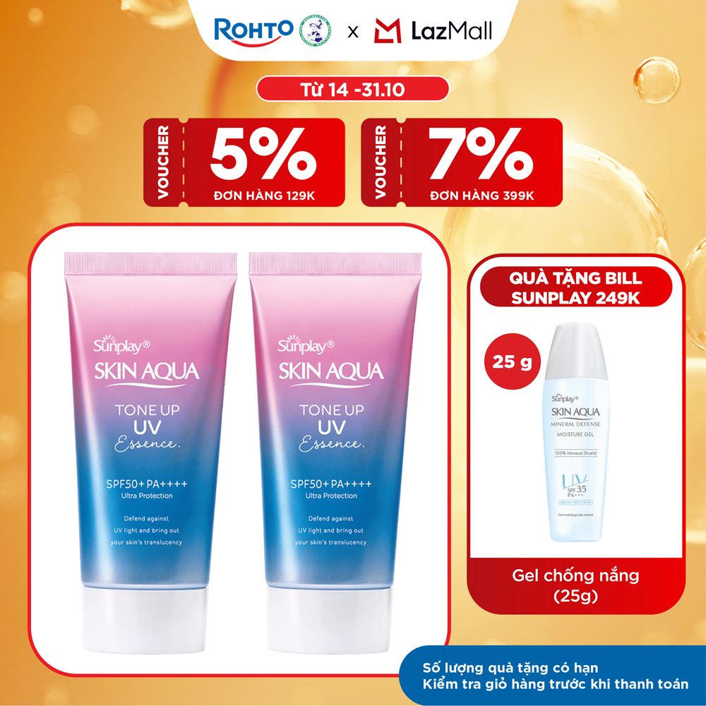 [VB] Bộ đôi kem chống nắng nâng tông Skin Aqua Tone up Lavender cho da tối màu  da vàng, dạng tinh chất Sunplay Skin Aqua Tone Up UV Essence Lavender SPF 50+ PA++++ 50g