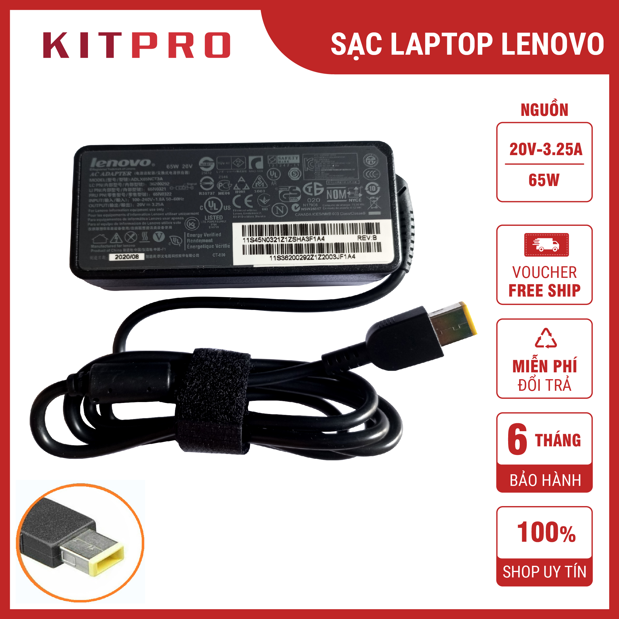 Sạc Laptop Lenovo Đầu Vuông Chuôi USB 20V 3.25A 2.25A Adapter Laptop Dây Sạc Lenovo Thinkpad Ship Hỏa Tốc KITPRO