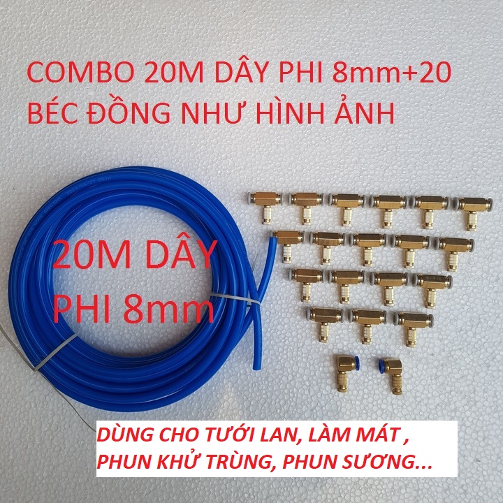 Combo bộ 20m dây+20 béc phun sương bằng đồng | Bộ 20 béc phun sương + 20m dây phun sương 8mm | 20m dây phun sương +20 béc phun sương đồng cao cấp | dây phun sương | béc phun sương