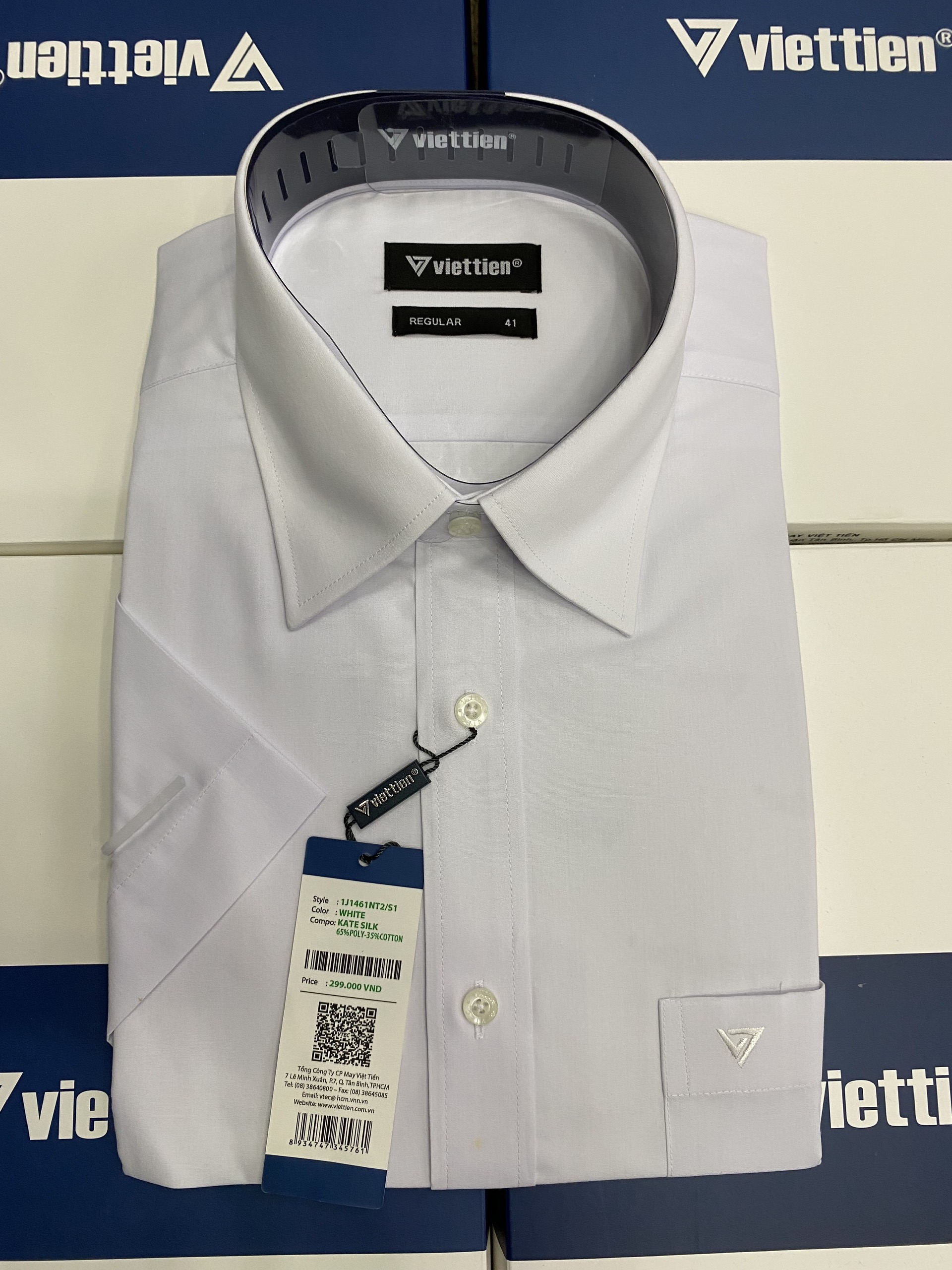 Áo sơ mi nam ngắn tay màu trắng regular hiệu Việt Tiến