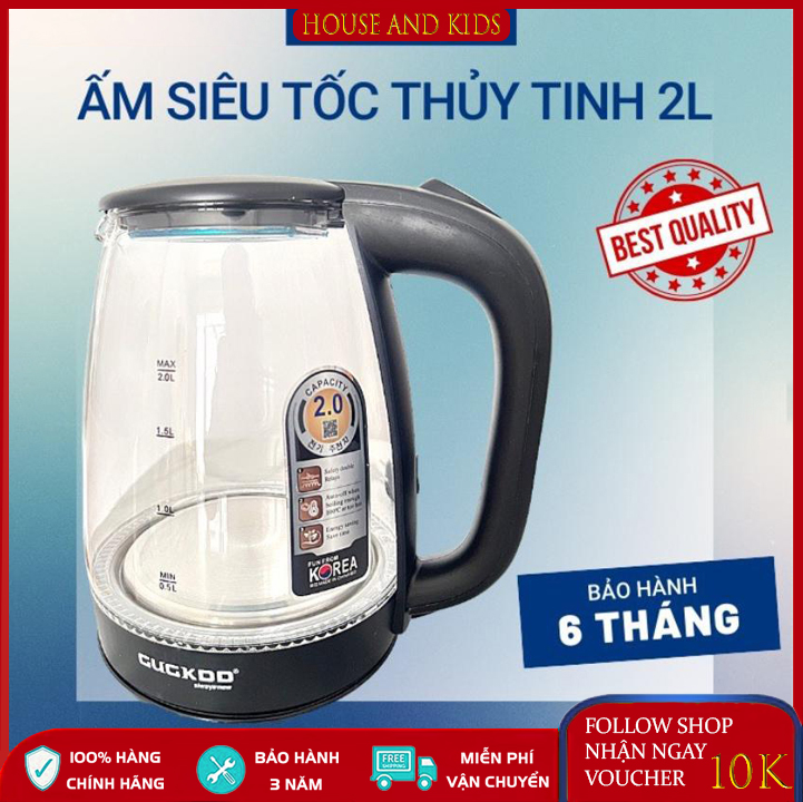 Ấm siêu tốc thủy tinh cuckoo dung tích 2l, ấm đun nước siêu tốc thủy tinh trong suốt công suất 1500w, có đèn led, tự ngắt khi sôi - bảo hành 6 tháng