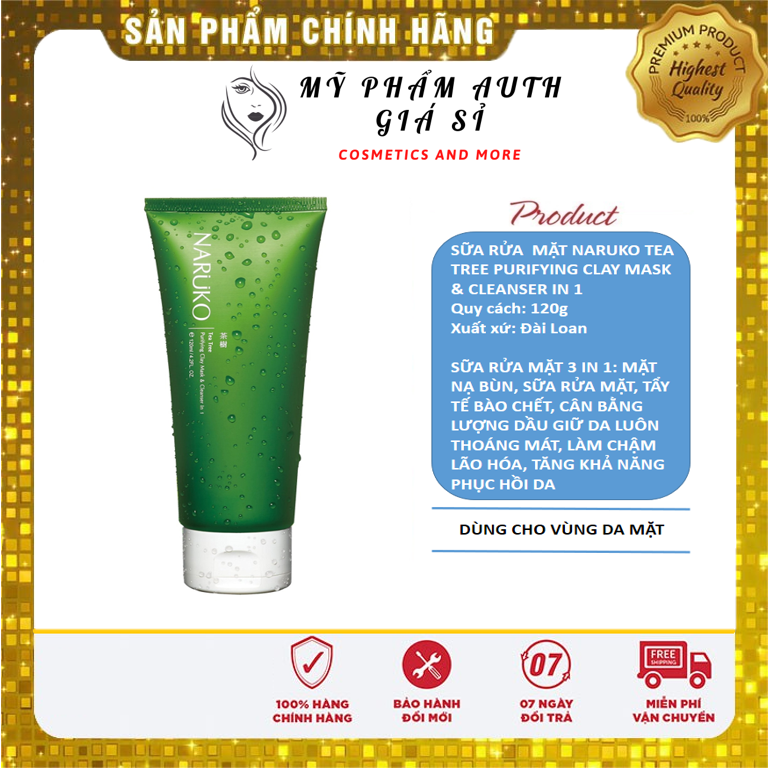 Sữa rửa mặt dạng bùn naruko tràm trà tea tree purifying clay mask 3 in 1 120g