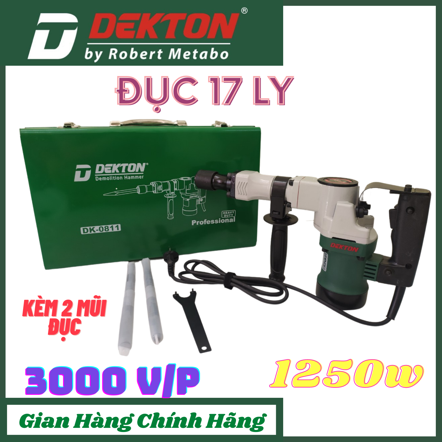 Máy khoan đục cầm tay dk-0811 dekton 17ly, công suất 1250w