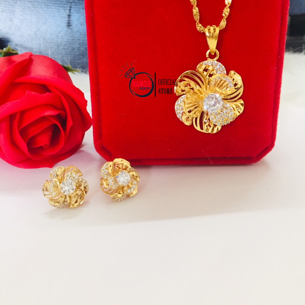 Set Dây Chuyền Khuyên Tai Hoa mai Đính Đá, Bộ Trang Sức Cao Cấp V562 T527  Namoo Jewelry