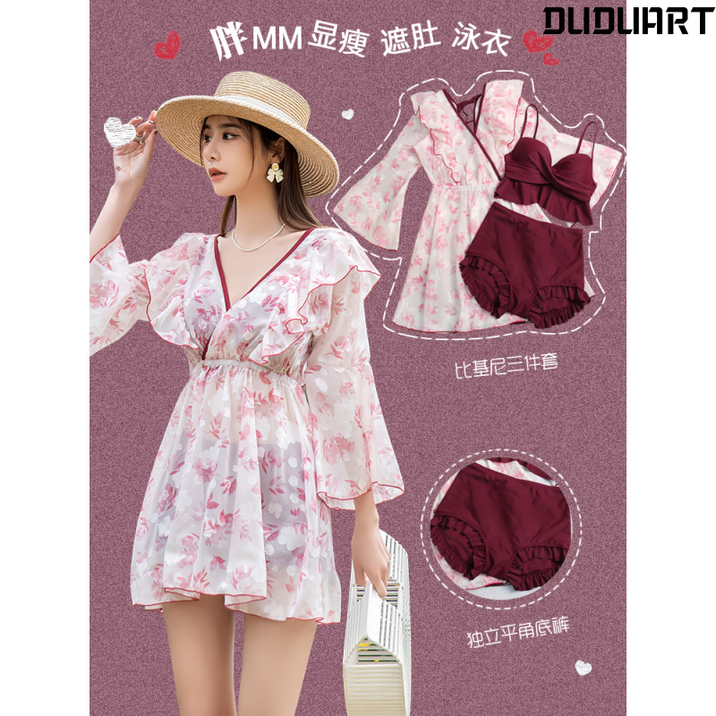 [Spot Sales] Summer New Floral Sexy Bikini Two-Piece Swimsuit for Women Plus Size Mm Belly-Covering Slimming Hot Spring Long Sleeve