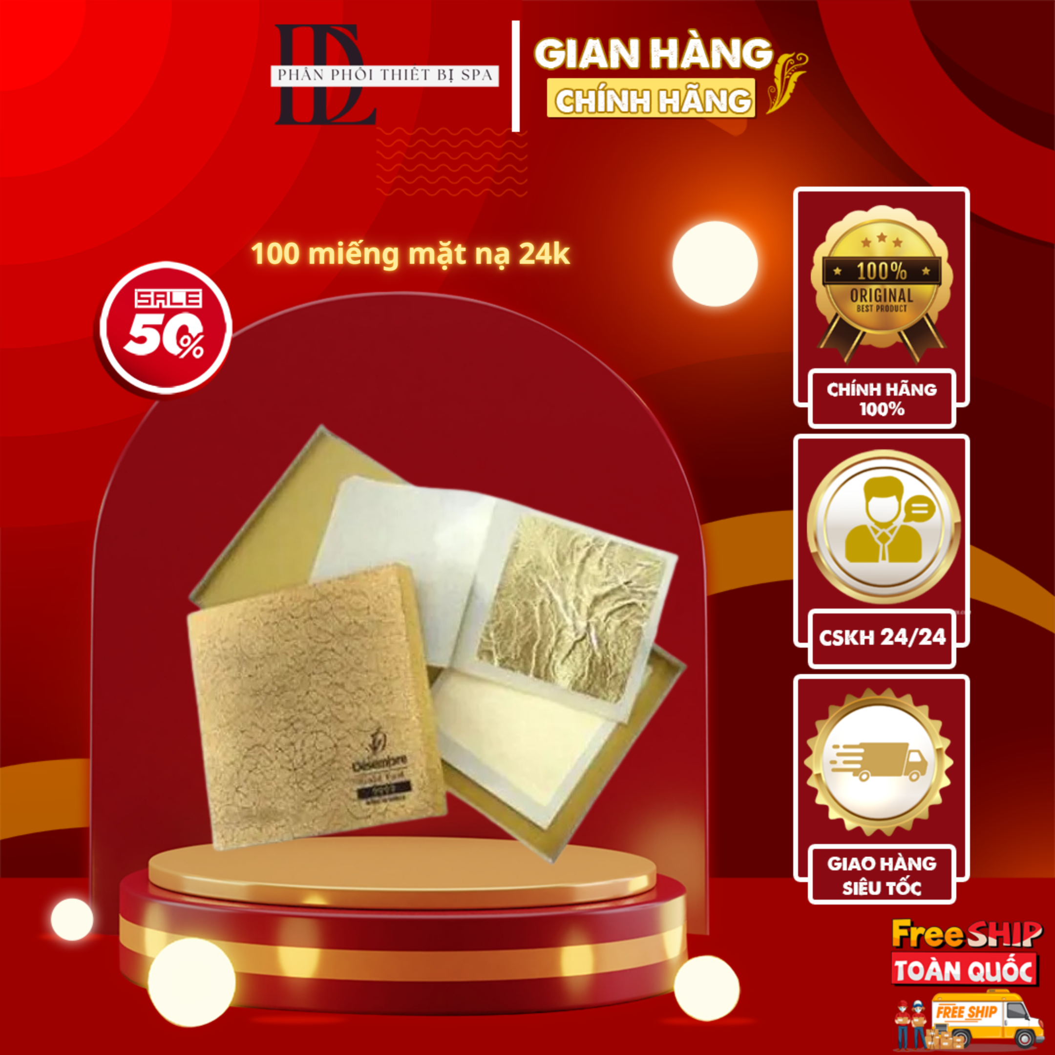 Combo 100 miếng mặt nạ vàng lá 24k nguyên chất
