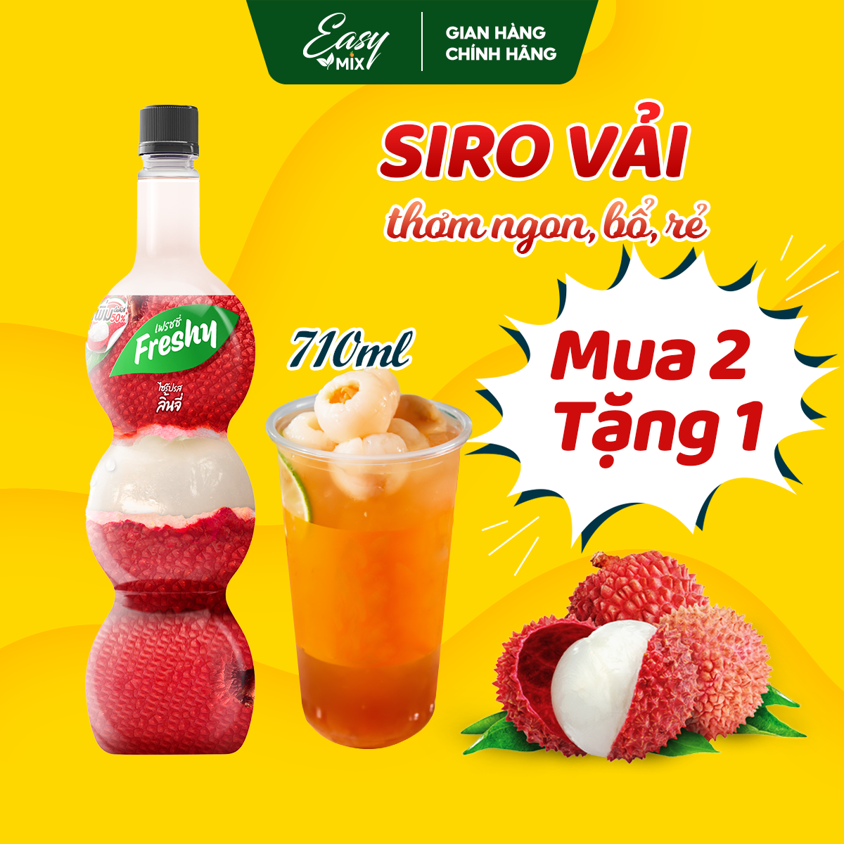 Siro vải freshy litchi syrup nguyên liệu pha chế trà sữa chai 710ml