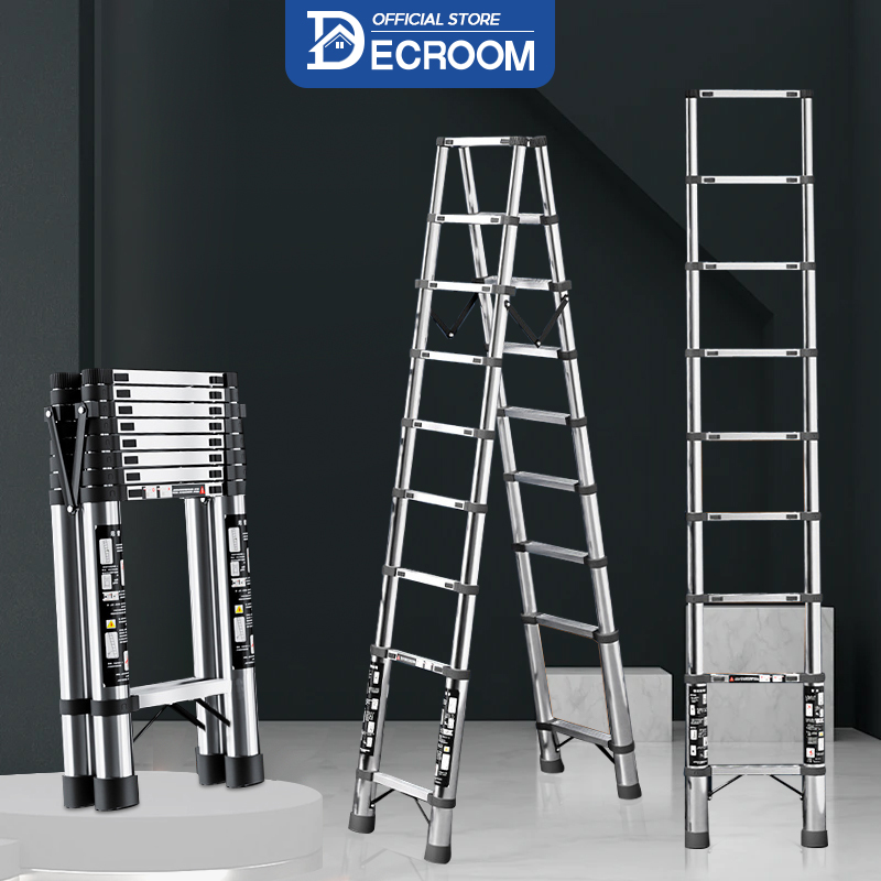 DECROOM Thang Inox Gấp Gọn Thang Gấp, Thang Gấp Inox, Thang Thẳng, Thang Gấp Thang Chữ A Gấp Gọn, Cao Cấp Thang Inox Rrút Chữ 2m 2.7m 3.1m 3.9m 5.1m