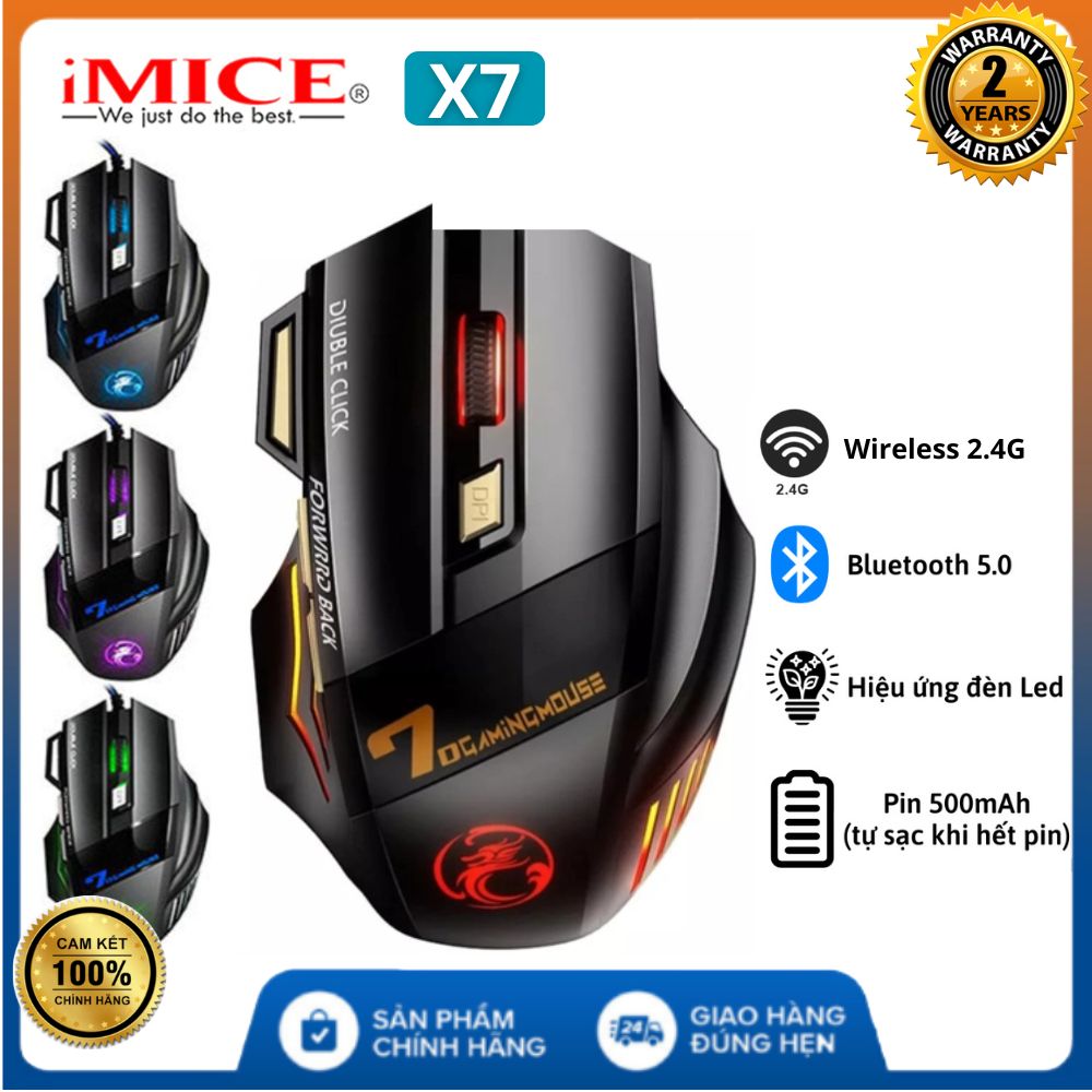 Chuột không dây bluetooth tự sạc pin gaming iMICE X7 Kết nối bluetooth 5.0 và wireless 2.4GHZ độ nhạy cao Chuột cao cấp Chuột không dây gaming chính hãng Chuột chơi game Bảo hành 24 tháng