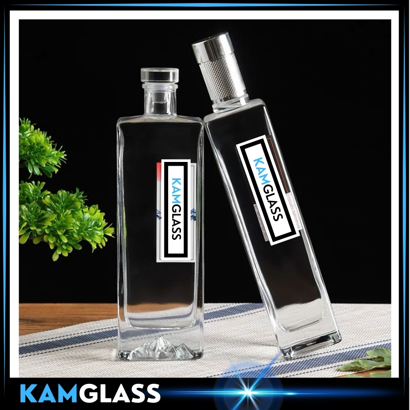 Vỏ chai rượu 500ml vuông cao năp bi và chai thủy tinh đựng rượu dẹp cao nắp thủy tinh cao cấp 500ml - Kamglass