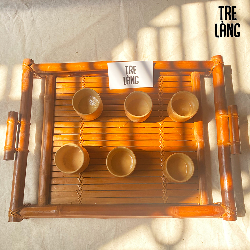 Khay trà bằng tre cao cấp đựng ấm chén Tre Làng - Khay tre Việt Nam đựng đồ ăn - Khay uống trà vintage mộc mạc- Bộ cốc trà bằng tre - Bộ 6 ly uống trà - Cốc tre cao cấp - Khay tre handmade