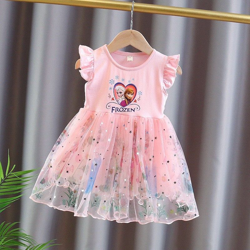 Váy hồng elsa đính óng ảnh voan 2 lớp bồng bềnh cho bé gái