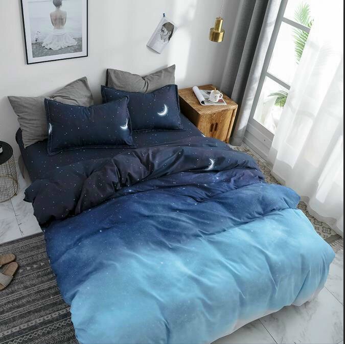 Bộ chăn ga gối cotton poly kovico bầu trời sao xanh 1m8x2m