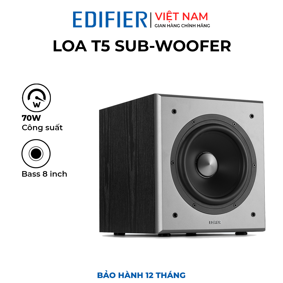 Loa siêu trầm Edifier T5  chính hãng - Củ bass 8-inch - Công suất 70W - trầm 38Hz - Tự động bật tắt - Có Line In Out dùng  được cho mọi loa - Nút vặn chỉnh pharse cắt tần - Chính hãng MAI THU - Bảo hành 24T