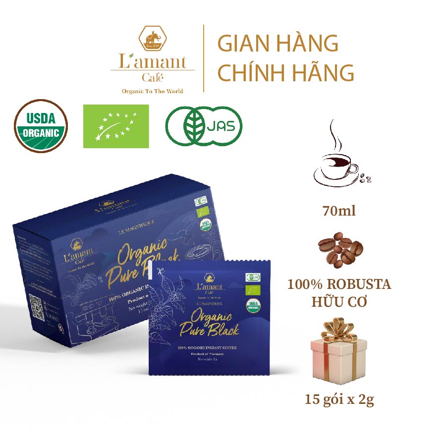 Cà phê hòa tan đen hữu cơ L'amant Organic Pure Black nguyên chất đậm cà phê (15 gói x 2gr)