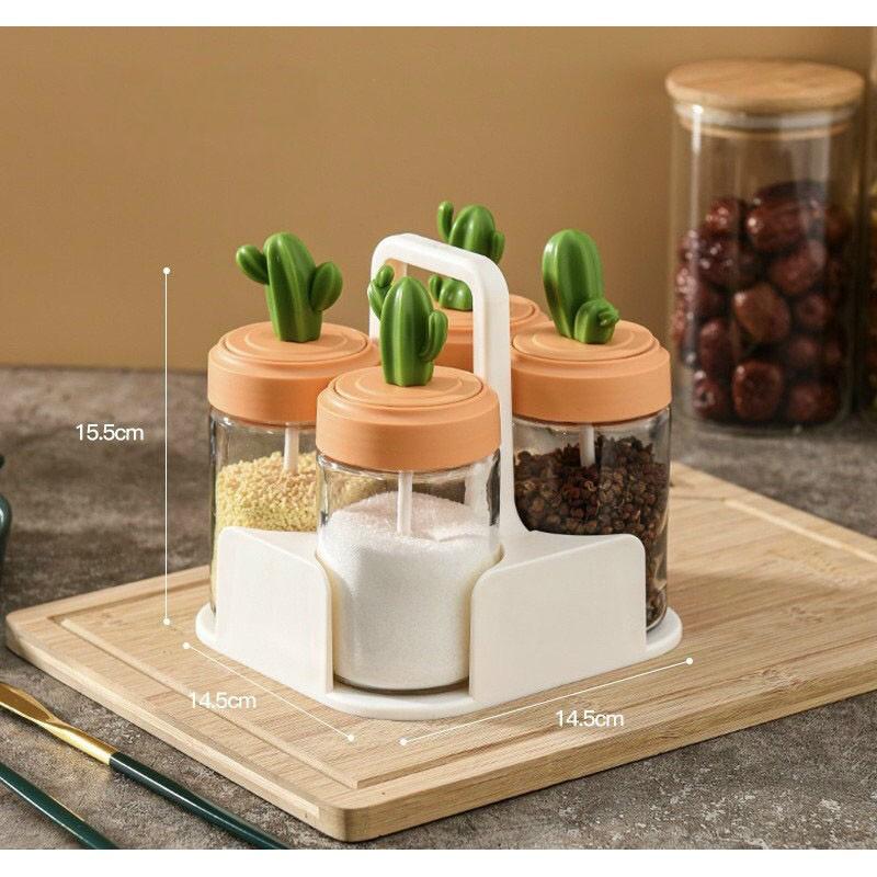 Set 4 lọ đựng gia vị thuỷ tinh hình cây xương rồng thiết kế kèm giá và thìa múc