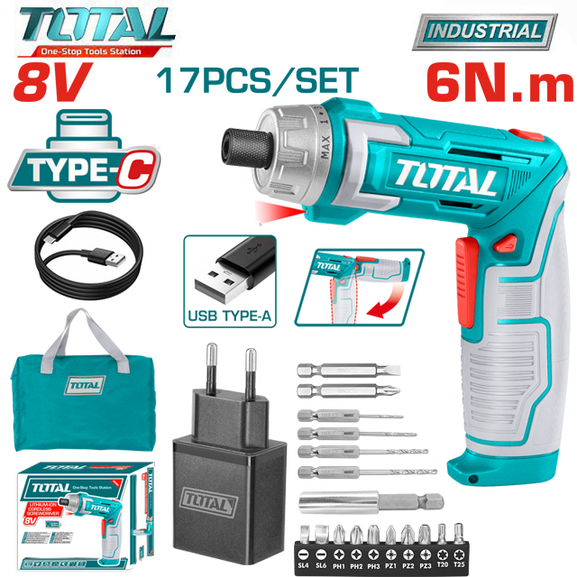 Máy siết vít gập dùng pin 8v total tsdli0802 - kèm 17 mũi vít và mũi khoan