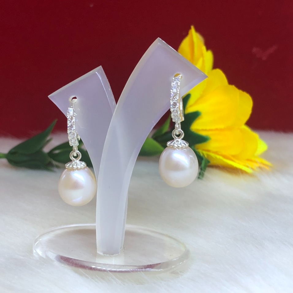 Hoa tai bạc ngọc trai thật- ngọc giọt nước cao cấp