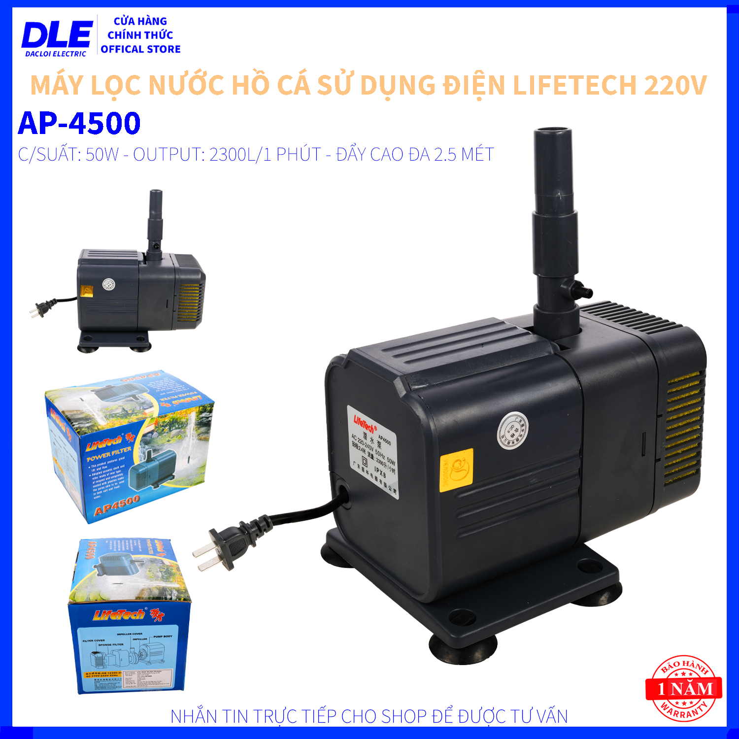 Máy bơm lọc nước hồ cá cao cấp lifetech ap 4500 - công suất 50w - lưu lượng nước 2300 lít/1h - đẩy cao 2 mét 5 - phi 18