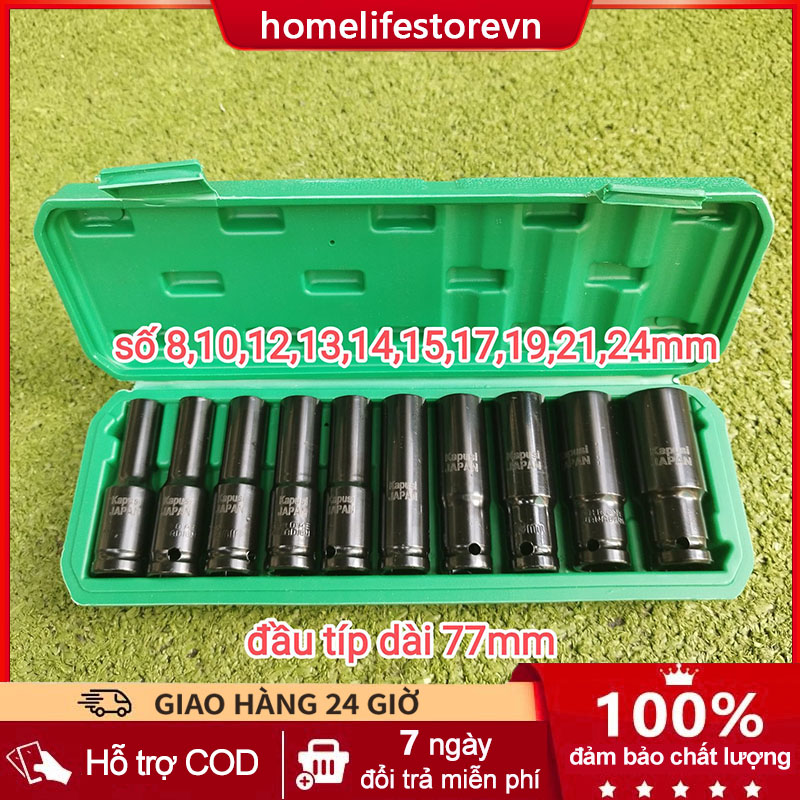 Bộ 10 đầu khẩu, đầu túyt Cao Cấp dùng cho máy siết bulong 1/2 -8-24mm đầu túyt Cao Cấp dùng cho máy siết bulong 1/2 -8-24mm chặn bi dài, bộ cờ lê điện 1/2" 4 hun số 8-10-12-13-14-16-17-19-21-24 kèm hộ