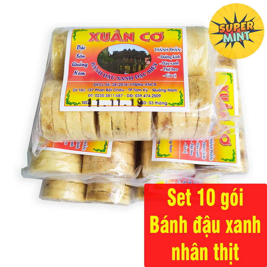 [HCM]Combo 10 gói bánh đậu xanh Hội An - Bánh đậu xanh nhân thịt - Bánh đậu xanh nướng - Sản phẩm Tết, bánh kẹo ăn vặt