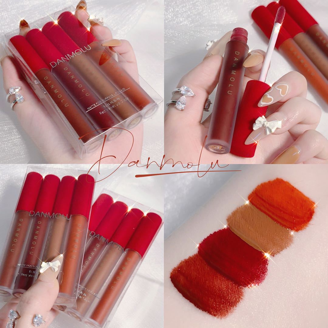Sét Set 4 son môi kem lì DANMOLU nắp nhung vỏ đỏ hàng nội địa trung phiên bản mới matte fog surface lip glaze red velvet