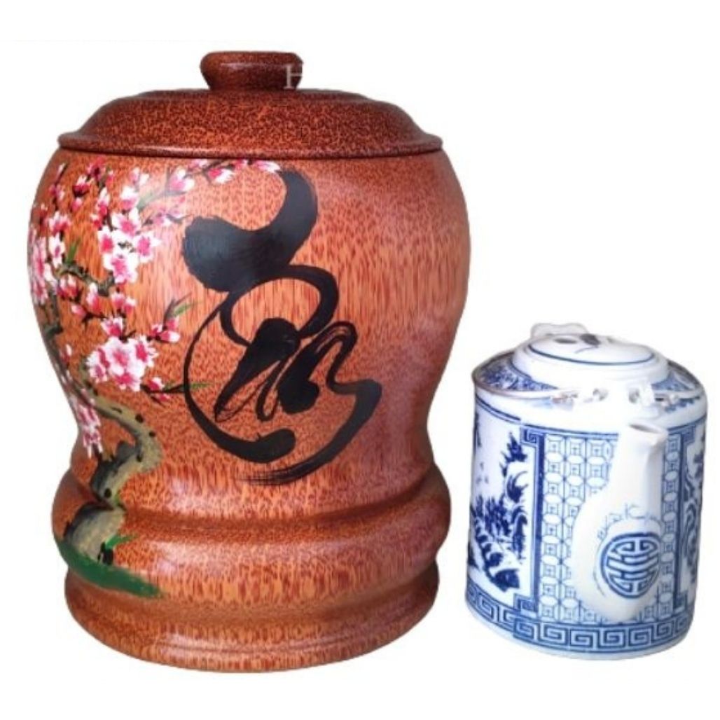 Bình trà gỗ dừa vẽ hoa văn lồng chữ tâm và bình trà 700 - 950ml