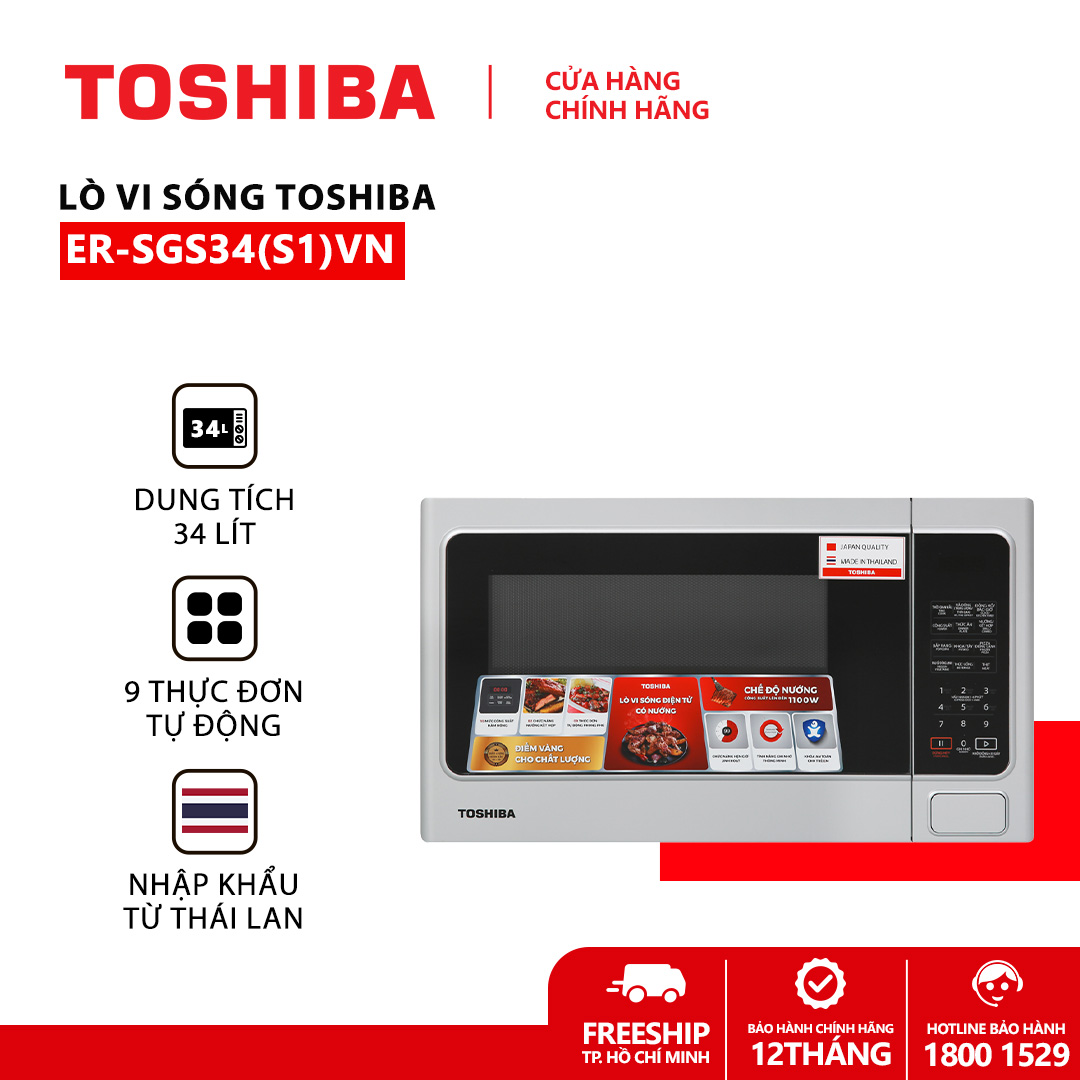 [TRẢ GÓP 0%] Lò vi sóng Toshiba ER-SGS34(S1)VN - Có chức năng nướng - Điện tử - Dung tích 34L - Công suất 1000W - Xuất xứ Thái Lan - Hàng chính hãng bảo hành 12 tháng, chất lượng Nhật Bản