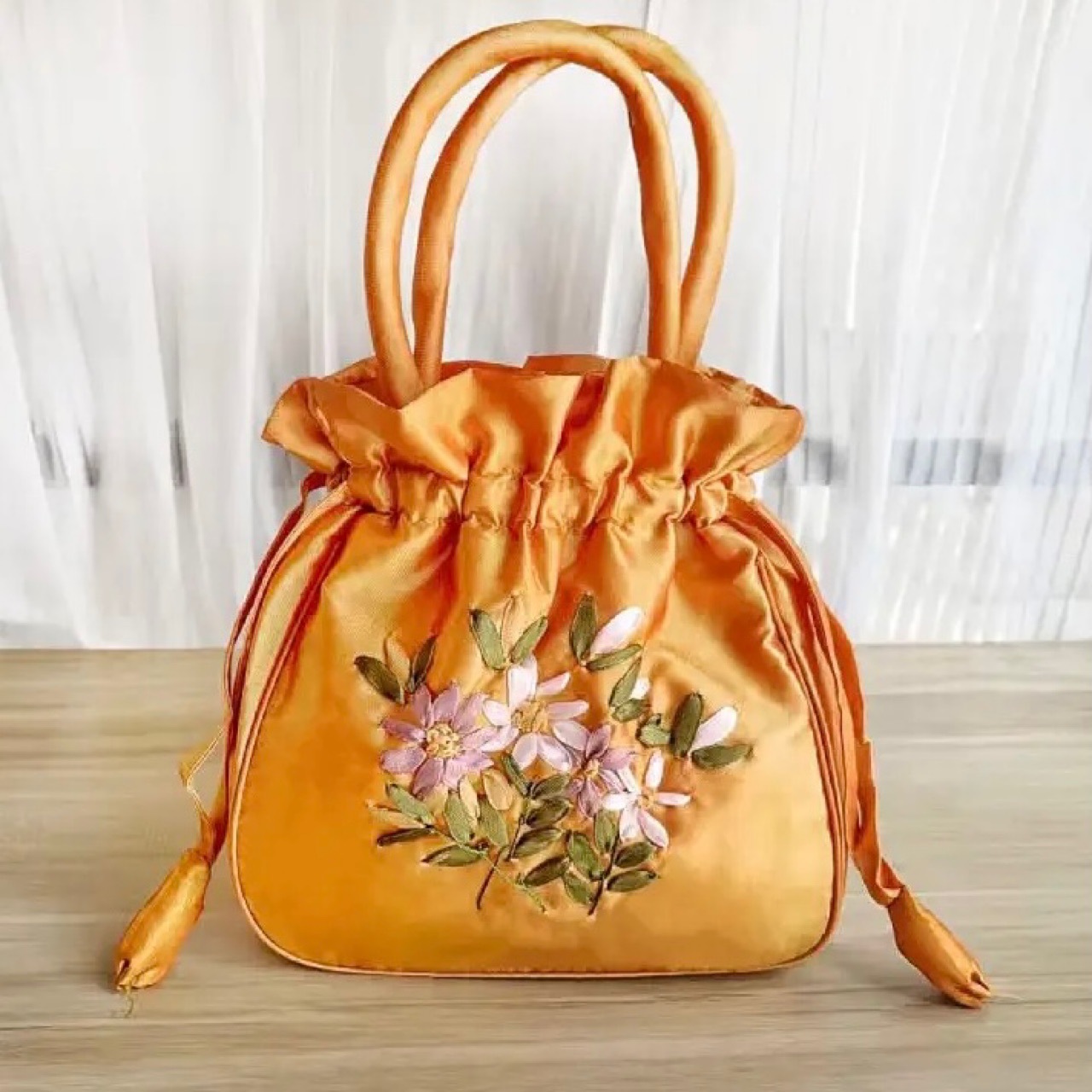 Handbag (Available) Handmade Floral Embroidery with Drawstring, Luxurious Women's Bag Made of 2-Layer Silk Fabric - 7