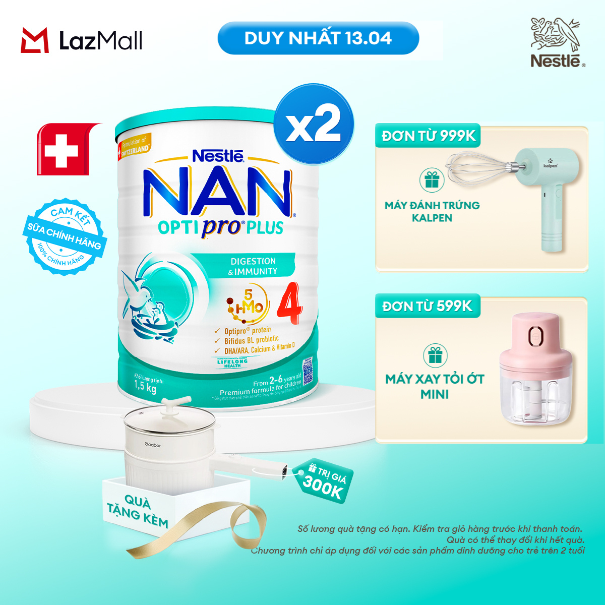 [CHỈ 13.04 QT Đơn 599K/999K] [Tặng Nồi lẩu điện] Bộ 2 lon Sữa bột Nestlé NAN OPTIPRO PLUS 4 1500g/lon với 5HMO Giúp tiêu hóa tốt cho bé từ 2 - 6 tuổi Sữa công thức dinh dưỡng cho trẻ giúp hỗ trợ tiêu hóa, đề kháng, trí não và phát triển toàn