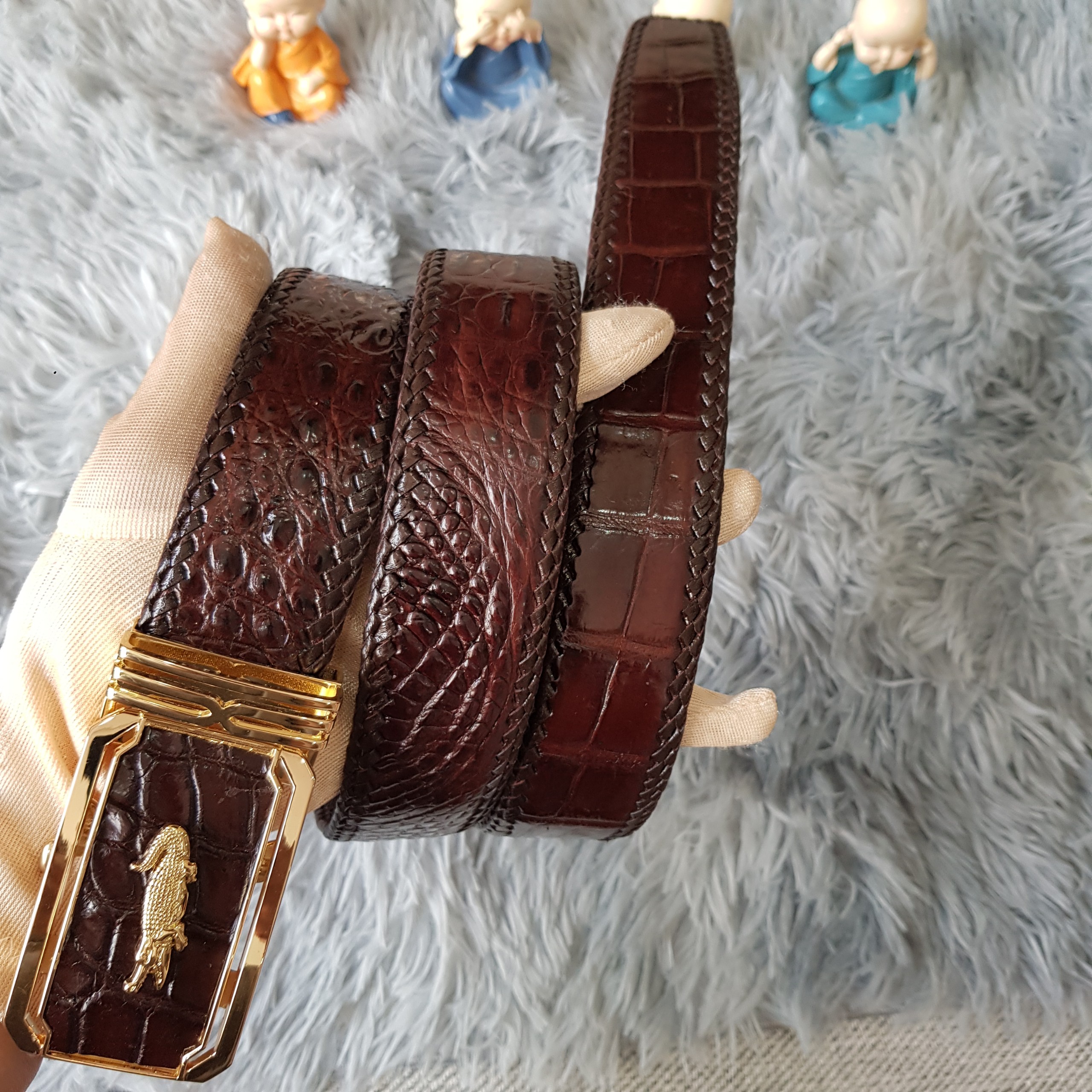 Dây lưng cá sấu đan viền thủ công 4.0cm i dây lưng da cá sấu đan viền da bụng liền nguyên con, màu nâu cafe i bảo hành 24 tháng