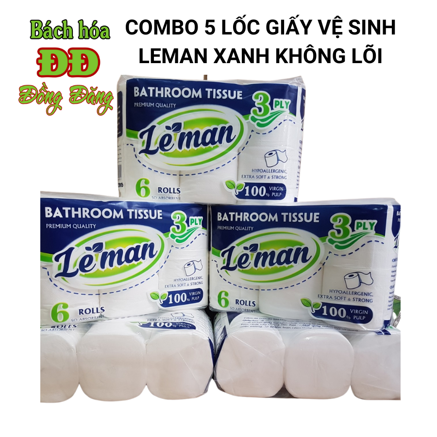 Combo (5 lốc) giấy vệ sinh 3 lớp KHÔNG LÕI Leman Xanh Dương (6 cuộn/lốc)