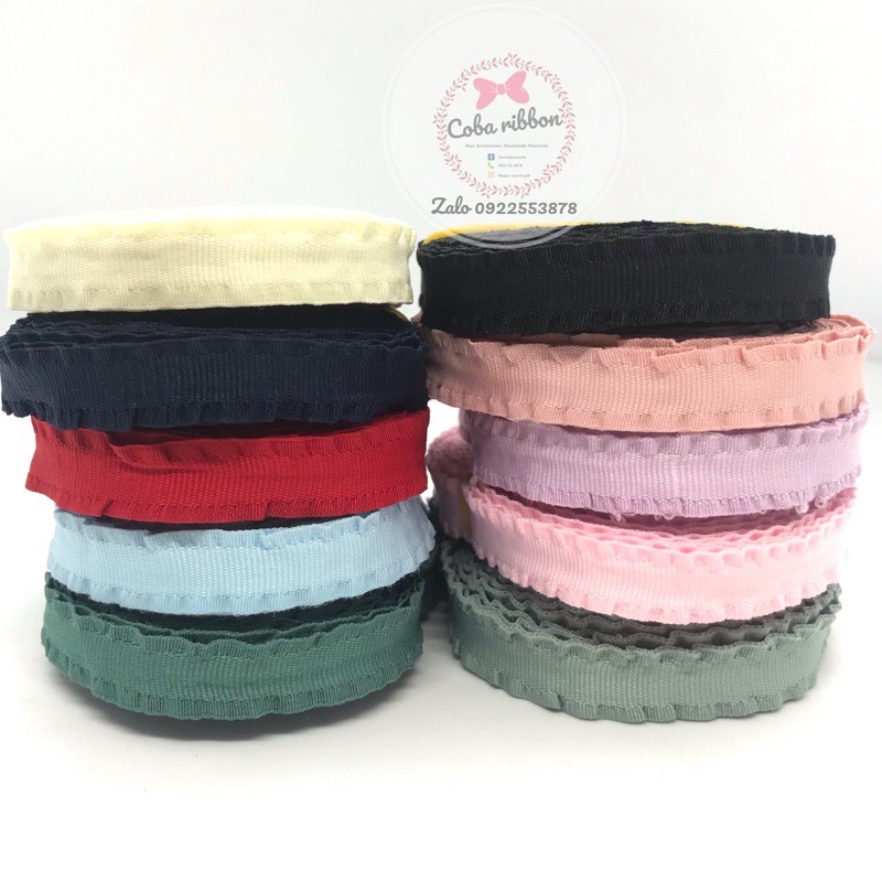 2 mét - Dây ruy băng luồn bờm có 2 biên viền bèo nhiều màu sắc, cỡ 1cm